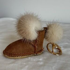 Brown Suede Boot Bag Charm with Fur Pom Poms